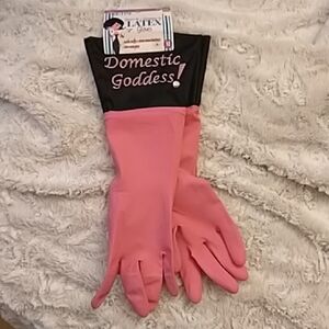 Pink and Black Domestic Goddess Latex Household Gloves * New